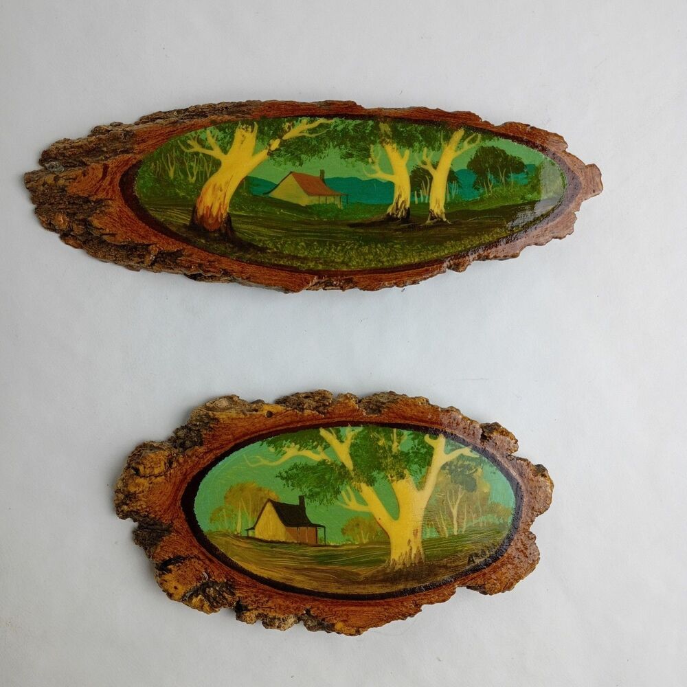 Set of 2 Australian Folk Art Hand Painted Landscape on Eucalyptus Wood Slice